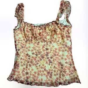 BTrue(Buckle)Feminine & Pretty Brown Floral Chiffon Peasant Ruffle Strap Blouse